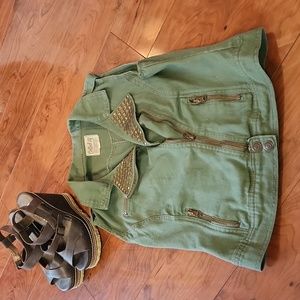 Green Denim Embellished Utility Vest